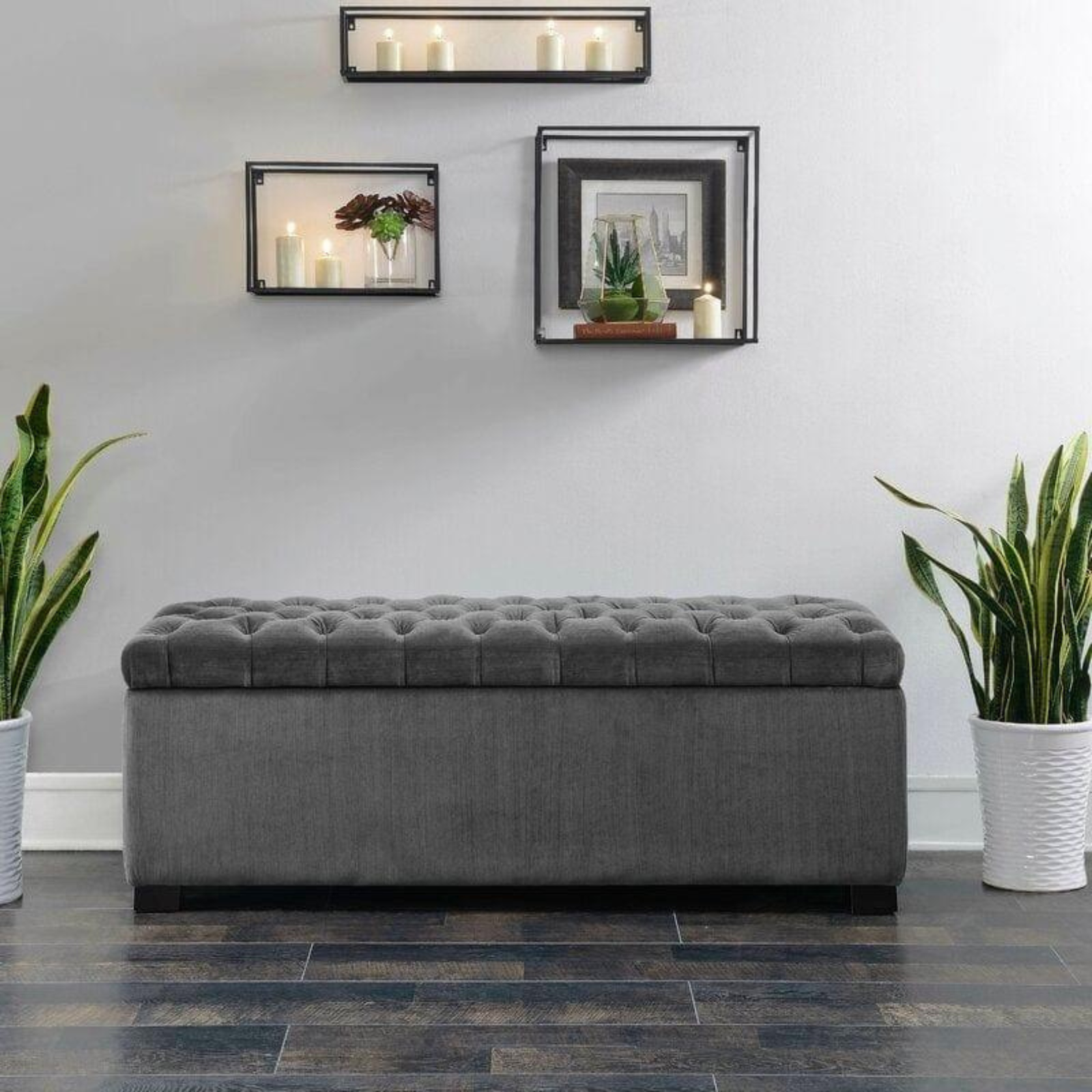 Taupe Tufted Linen Bench (2)