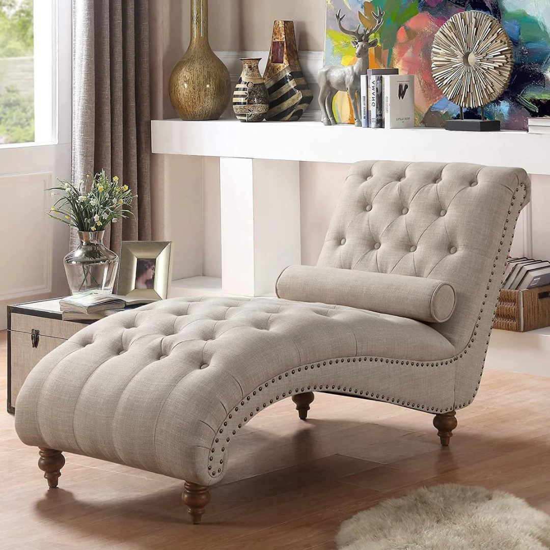 Tufted Linen Chaise Lounge Chair (2)