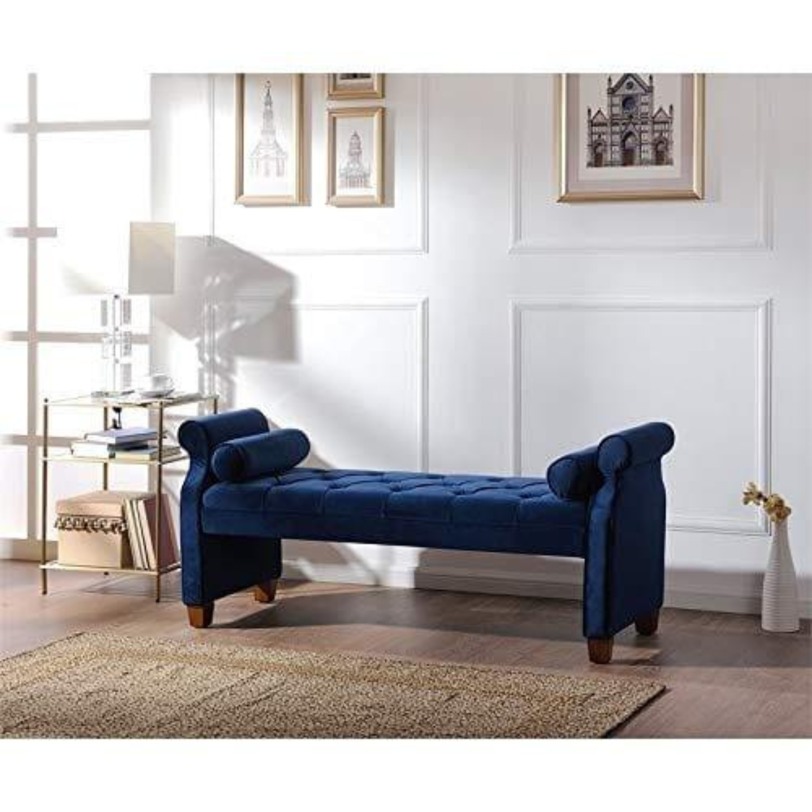 Tufted Roll Arm Bench Navy Blue _ Woodenshoppe
